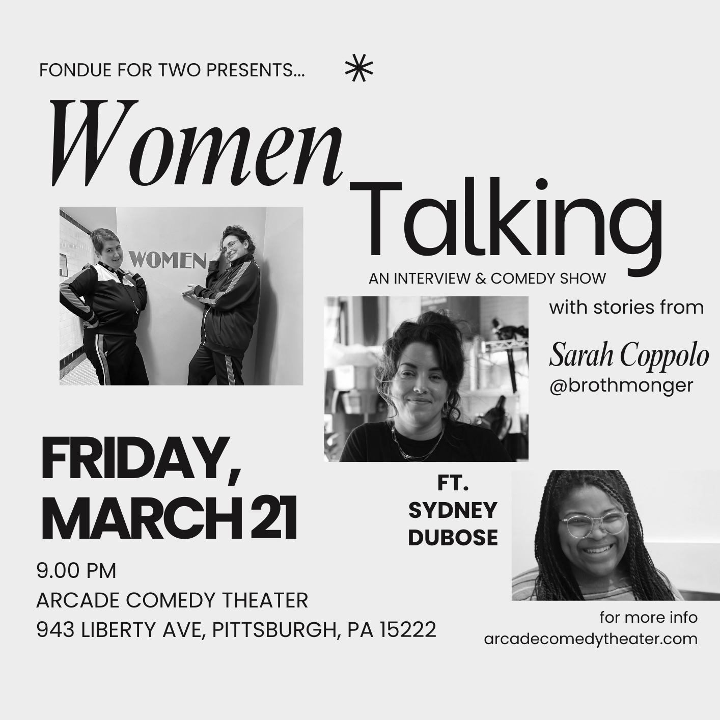Part talk show, part comedy show, join improv duo Fondue for Two (Alex Conti and Raina Deerwater) for WOMEN TALKING, as they interview a beloved member of the community, and then perform improv based off that conversation.