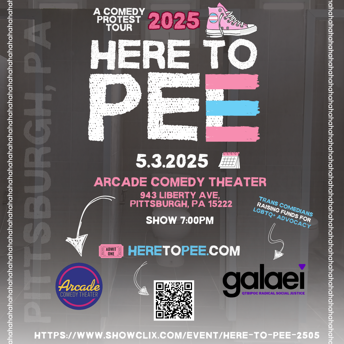 The _Here to Pee_ Tour, led by trans comedian Ren Q. Dawe, is a nationwide comedy protest featuring an all-trans lineup using humor to challenge anti-trans laws while raising funds for local LGBTQ+ nonprofits​.