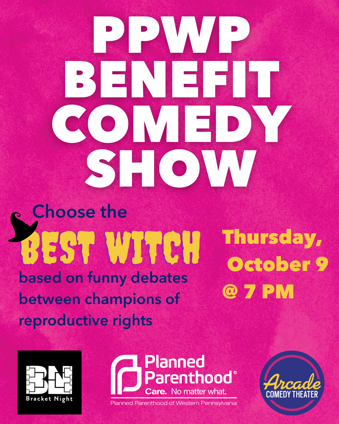 An interactive comedy game show benefiting Planned Parenthood of Western Pennsylvania! At every Bracket Night show, you’ll see four hilarious and passionate panelists duke it out in a battle of opinions as pop culture, food, and other stuff move through a competitive bracket. You’re in on the act too, as the audience votes from their seats until a winner is determined! This month, you’ll get to hear four champions of reproductive rights argue what makes the BEST WITCH, and then you crown the WINNING WITCH!