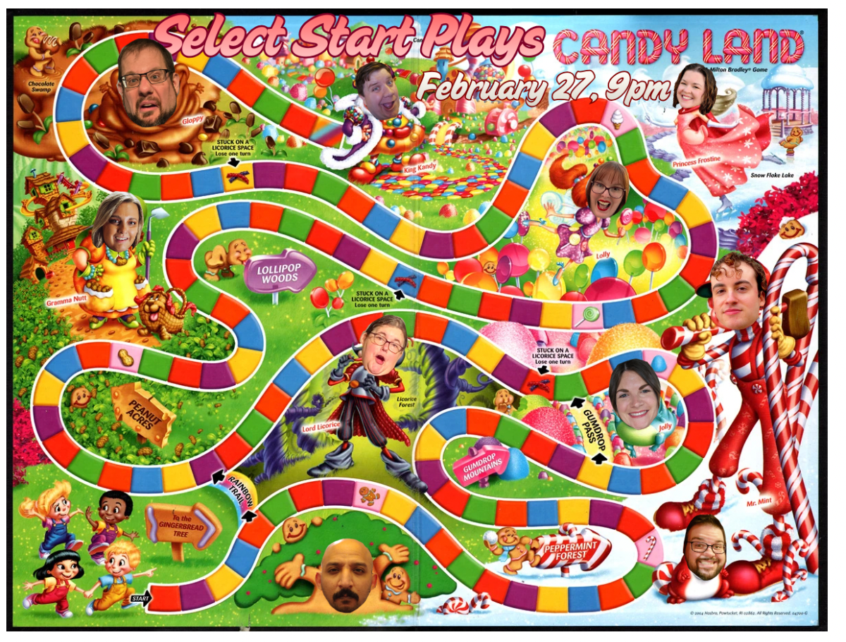 Come celebrate sweets and nostalgia with us as Select Start travels the multi-colored path and plays Candyland! Indulge in some short form improv and come on down to Arcade Comedy Theater, February 27th at 9pm for a sweet treat and comedic adventure!