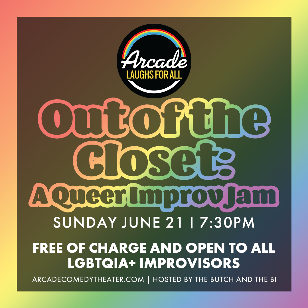 Join The Butch and The Bi for Out of the Closet: A Queer Improv Jam. Free of charge and open to all LGBTQIA+ improvisers! All experience levels welcome to participate in a supportive environment. Join us Sunday June 21st at 7:30pm for laughter and community building! #pride #improv #pittsburghcomedy